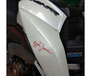 Ayrton Senna autograph sticker on Bajaj dominar tank