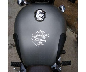 Mountains are calling, i must go sticker on royal enfield gun metal grey tank top