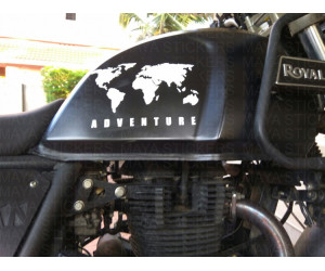 World map adventure sticker on Himalayan fuel tank