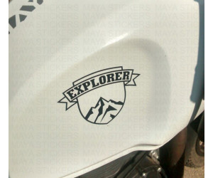 Explorer tank sticker on white royal enfield himalayan tank