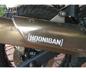 Hoonigan sticker on RE Himalayan exhaust