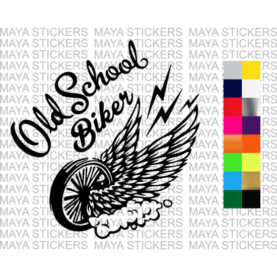 Old school biker flying wheel design sticker in custom colors